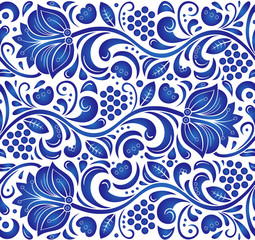  Traditional Russian vector seamless pattern in gzhel style. Can be used for banner, card, poster, invitation, label etc.