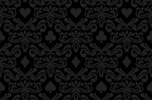 Seamless Black Background With Poker Symbols Surrounded By Floral Ornament Pattern