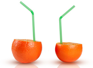 two oranges with green coctail straw isolated on white background