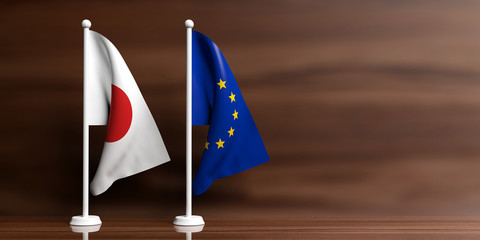 Canvas Print - Japan and EU flags on wooden background. 3d illustration