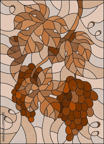 Naklejka na szybę The illustration in stained glass style painting with a bunch of grapes and leaves ,brown tone, Sepia