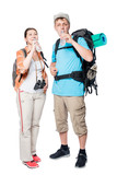 Fototapeta Las - a pair of active tourists with bottles of water traveling with backpacks on a white background