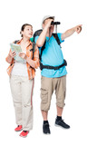 Fototapeta Las - active young couple of travelers with backpacks go hiking on a white background