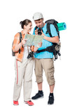 Fototapeta Las - Portrait of happy travelers with a map and a camera on a white background