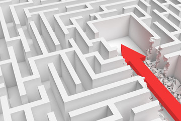 3d rendering of a square maze with a red arrow borrowing to the center in closeup view.