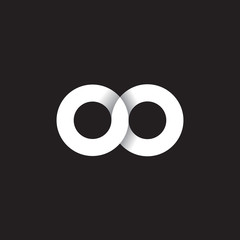 Initial lowercase letter oo, linked circle rounded logo with shadow gradient, white color on black background