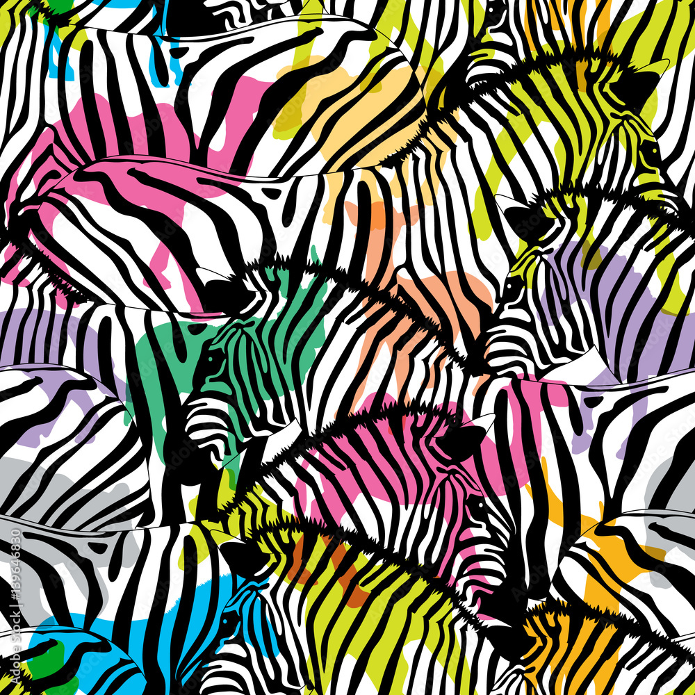 Papel de parede Zebra with colorful silhouette wildlife animals, seamless pattern
