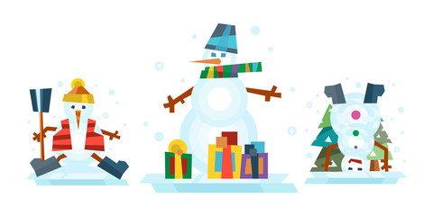  Winter holidays snowman cheerful character in cold season costume and snow xmas celebration greeting december joy ice icon vector illustration.