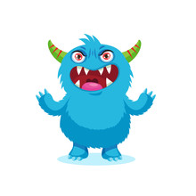 Angry Smile. Emotions Monster. Angry Evil Face. Sinister Blue Monster Cartoon Mascot Character. Vector Illustration Isolated On White Background.