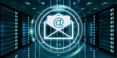 Fototapete - Emails flying over server room data center 3D rendering
