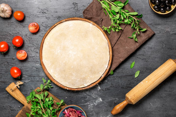 Poster - Raw pizza dough with set ingredients for cooking vegetarian pizza