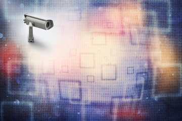 conceptual colorful abstract binary numbers code background with security camera. safety computing i