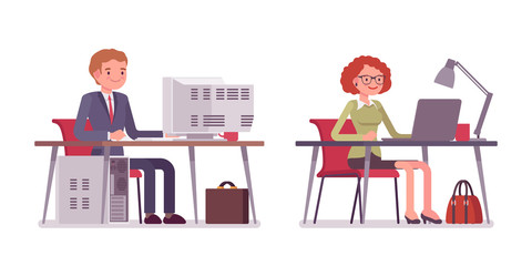 Wall Mural - Set of male and female office workers sitting at computer