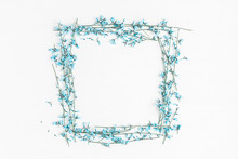 Flowers Composition. Frame Made Of Blue Flowers On White Background. Easter, Spring Concept. Flat Lay, Top View, Copy Space