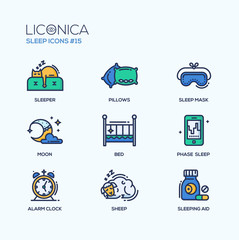 Wall Mural - Sleep - coloured modern single line icons set