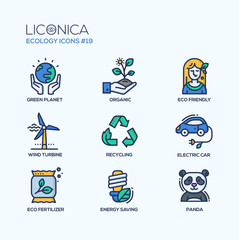 Wall Mural - Green Ecology - coloured modern single line icons set