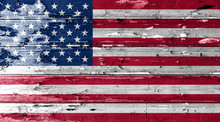 American Flag On Wood Texture Background With Old Paint Peels