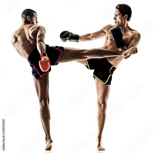 Fotomural two caucasian Muay Thai kickboxing kickboxer thai boxing men isolated on white b