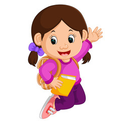 Wall Mural - Cute girl go to school cartoon