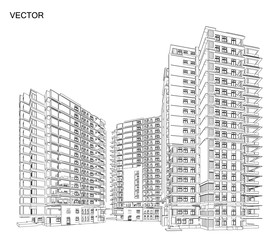 Wall Mural - Perspective 3D render of building wireframe - Vector illustration