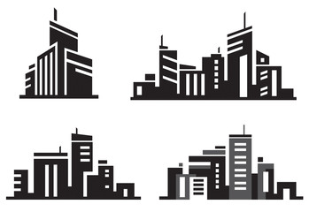 Vector city buildings silhouette icons.