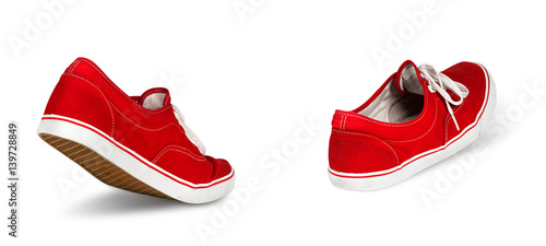 Fotomural empty red ghost shoe sneaker walking away isolated on white background / Geister