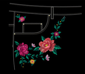 Wall Mural - Embroidery jeans floral pattern with colorful roses. Vector traditional folk ornament with a big and little flowers on black background for design.