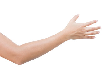 right back hand of a woman trying to reach or grab something. fling, touch sign. reaching out to the