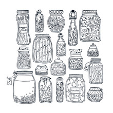 Set Of Pickled Jars With Vegetables, Fruits, Herbs And Berries On Shelves. Autumn Marinated Food. Contour Illustration.