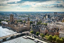 Aerial View Of Big Ben, Parliament Building And Westminster Bridge On River Thames, London, UK, Europe