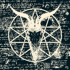 Wall Mural - vector illustration with skull of goat and pentagram with splashes on the background of old papyrus with magical inscriptions and symbols