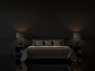 Modern bedroom interior with empty black wall 3d rendering image.There are minimalist style decorate room with black furniture,floor,wall