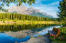 Landscape, Rockies, Canada Canmore Alberta, Quarry Lake, Reflection Of Mount Rundle.