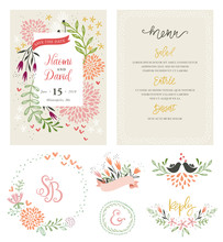 Hand Drawing Wedding Typographic Cards With Birds, Flowers, Branches And Floral Wreath. Save The Date And Menu Design. Vector Illustration.