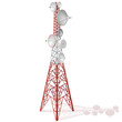 Vector satellite tower in isometric perspective isolated on white background. Transmission Tower telephone and television signals. Red-white communications tower.