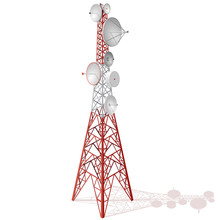 Vector Satellite Tower In Isometric Perspective Isolated On White Background. Transmission Tower Telephone And Television Signals. Red-white Communications Tower.