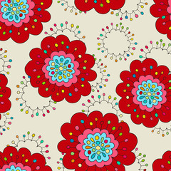 Wall Mural - Crazy seamless hand drawn vector pattern. Bright summer colours, modern poppy flowers. Boho fashion style for print, batik, silk textile, cushion pillow, bandanna, kerchief. Kid style