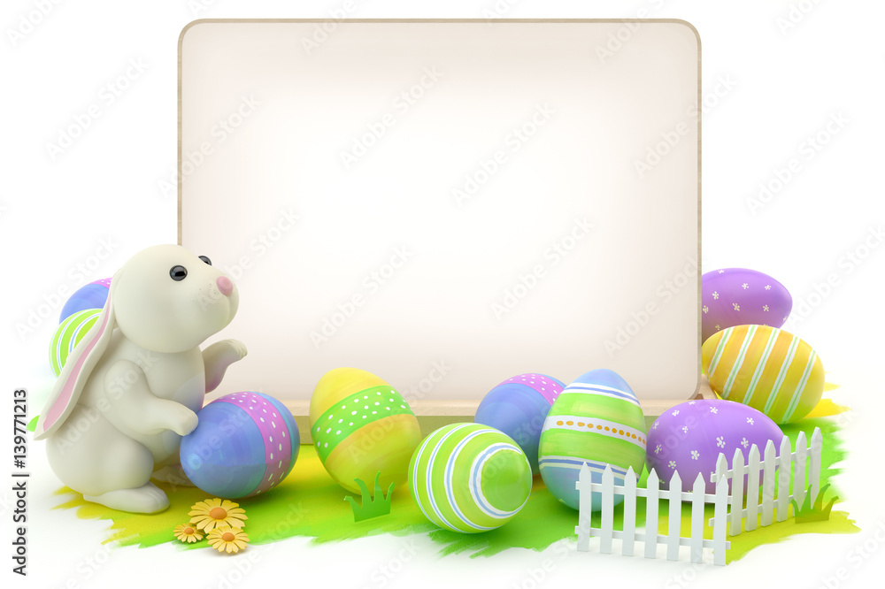 Easter eggs, bunny and blank card - obrazy, fototapety, plakaty 