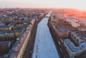 Wall Mural - Beautiful super wide-angle summer aerial view of Saint-Petersburg, Russia with skyline and scenery beyond the city and Nevsky Prospect, seen from the quadrocopter air drone