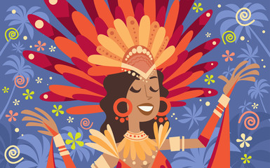 Poster - Brazil Carnival Latin Woman Wear Bright Costume Traditional Rio Party Flat Vector Illustration