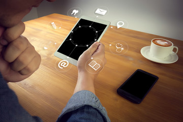 man hand holding smartphone device and  technology , businessman working with modern devices, digital tablet computer and mobile phone.