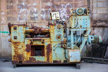 Green Old Steel Machine With Rust,vintage Spare Part, Industry Concept