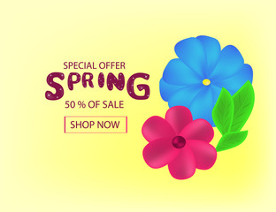  Spring Sale Background with  Colorful Flowers and leaves for your design.