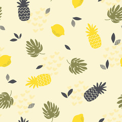 Aufkleber - seamless pattern with pineapples, lemons and monstera leaves