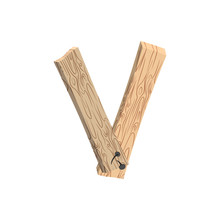 Letter V Wood Board Font. Plank And Nails Alphabet. Lettering Of Boards. Country Chipboard ABC