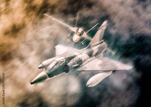 Plakat Wojskowi samoloty latające w chmurach