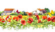 Summer poppies flowers, butterflies, provencal houses. Floral border. Watercolor repeated frame stripe