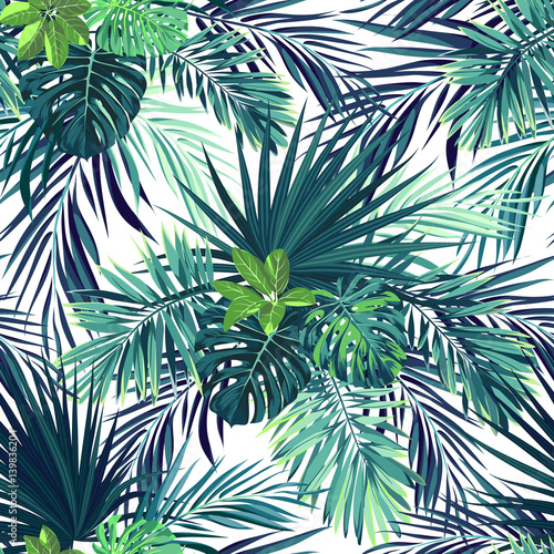 Fototapeta na wymiar Seamless hand drawn botanical exotic vector pattern with green palm leaves on dark background.