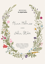 The Wreath Of Wild Flowers. Wedding Invitation In The Style Of Boho. Vector Vintage Illustration.