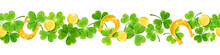 St. Patrick's Day Vector Horizontal Seamless Background With Green Shamrock Leaves, Gold Coins And Horseshoes. 